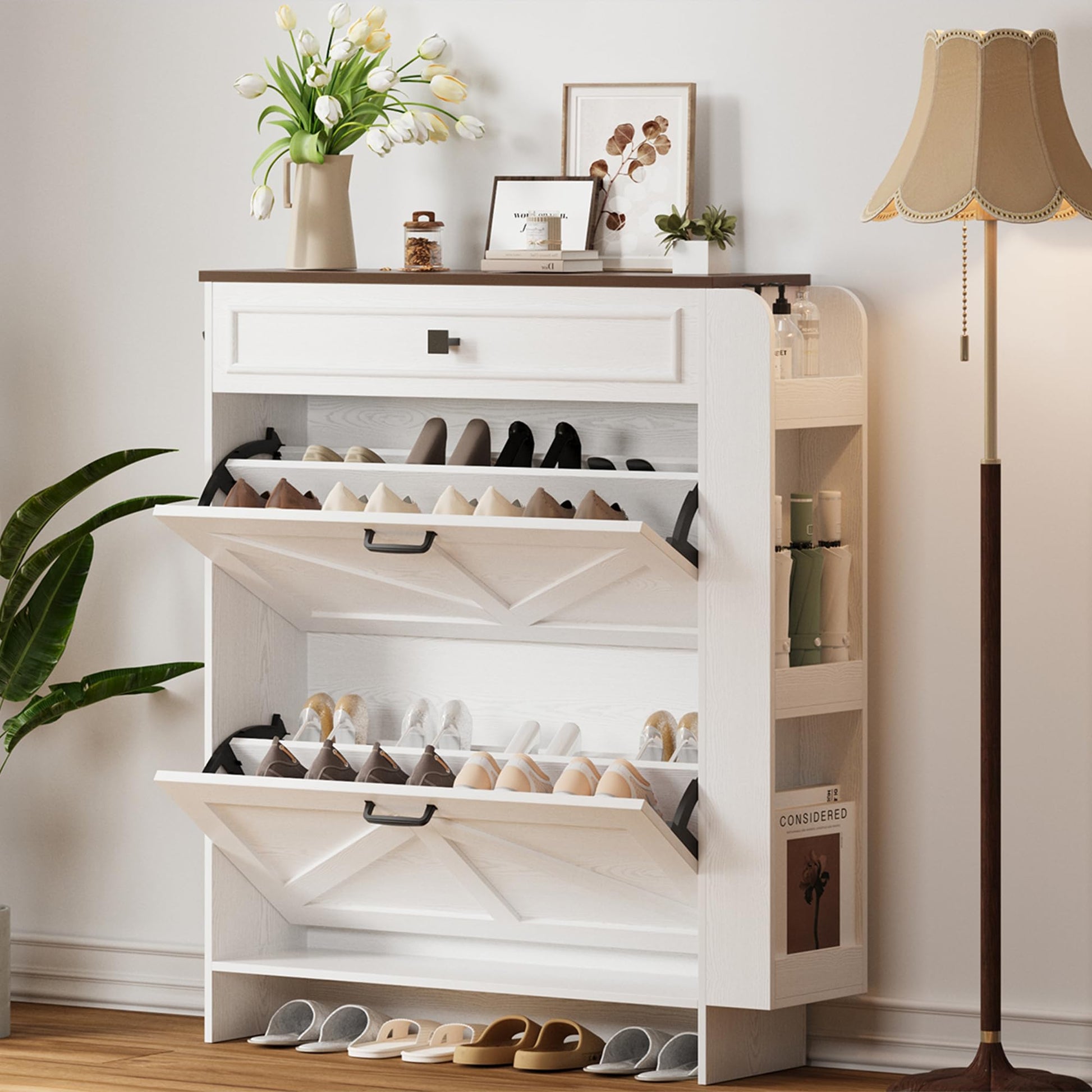 IRONCK Shoe Storage Cabinet with 2 Flip Drawers & Barn Door, White/Walnut