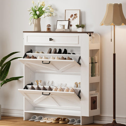 IRONCK Shoe Storage Cabinet with 2 Flip Drawers & Barn Door, White/Walnut