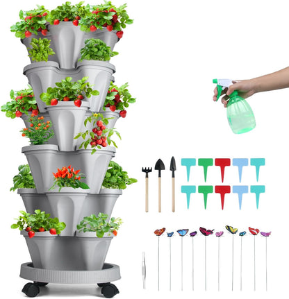 Vertical Planter, 6 Tier Stackable Strawberry Planter with Garden Tool Set, Movable Indoor/Outdoor