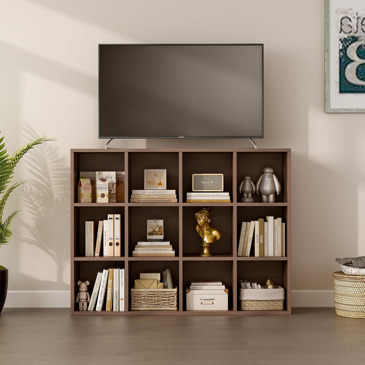 12-Cube Storage Shelf Bookcase - Wooden 3-Tier Floor Standing Open Bookshelf for Home and Office