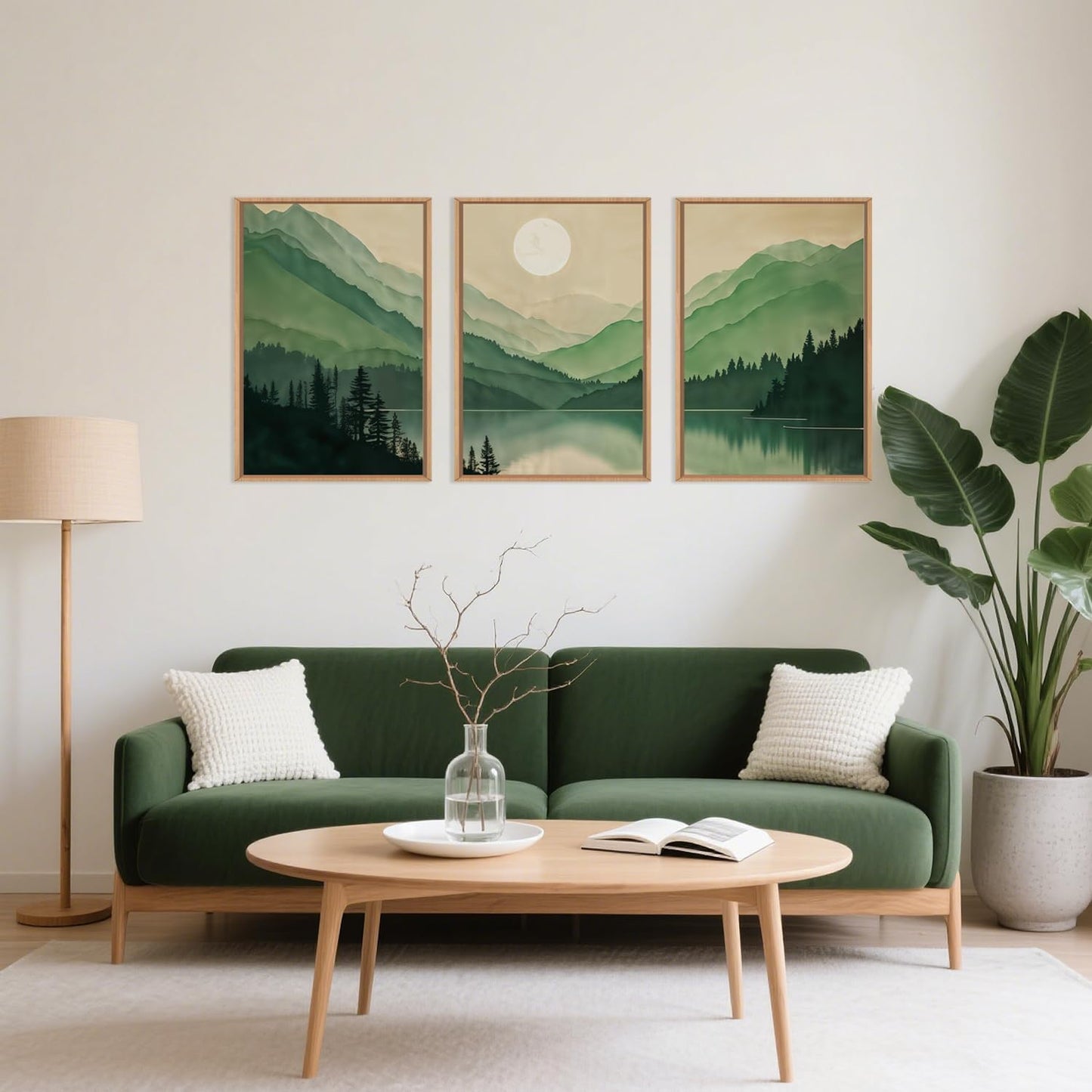 Celestdeco Watercolor Mountains Framed Canvas Wall Art Set, Boho Sun Forests Wall Decor, Green
