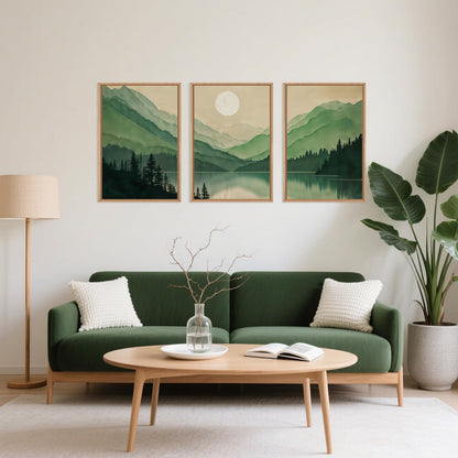 Celestdeco Watercolor Mountains Framed Canvas Wall Art Set, Boho Sun Forests Wall Decor, Green