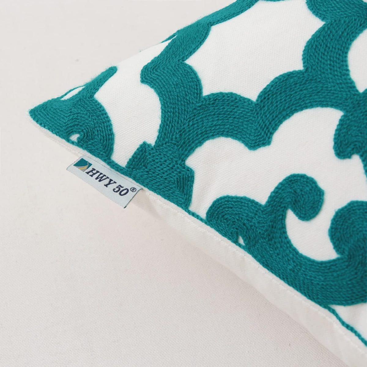 HWY 50 Teal Decorative Throw Pillow Covers 18x18 Inch (1 Piece), Embroidered Cotton Farmhouse