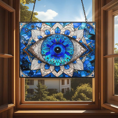 Rectangle Evil Eye Suncatchers for Windows, Stained Glass Window Hangings,Hand-Painted Glass Panel