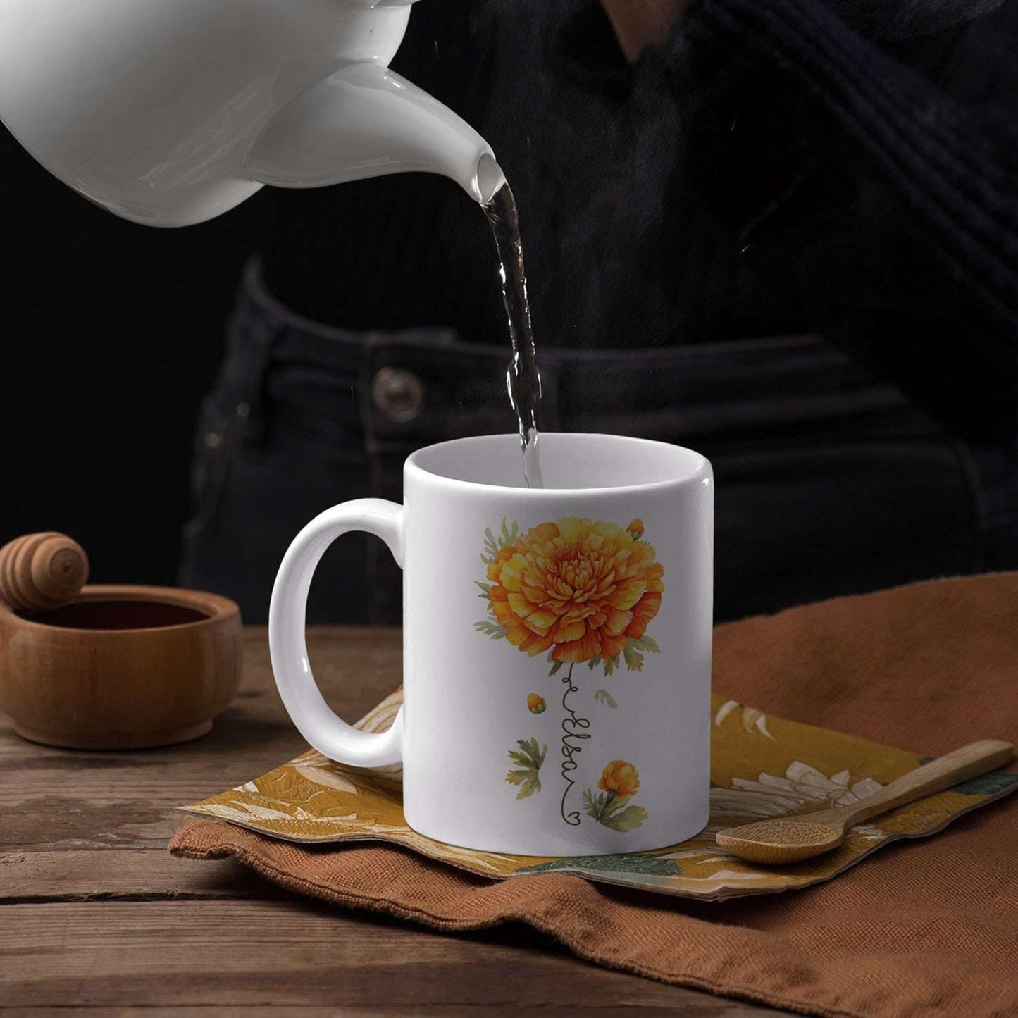 Unique Marigold Themed Ceramic Mug, Personalized Name Flower Accent Cup, Lovely Floral Coffee Mug