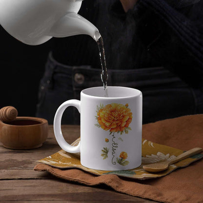 Unique Marigold Themed Ceramic Mug, Personalized Name Flower Accent Cup, Lovely Floral Coffee Mug