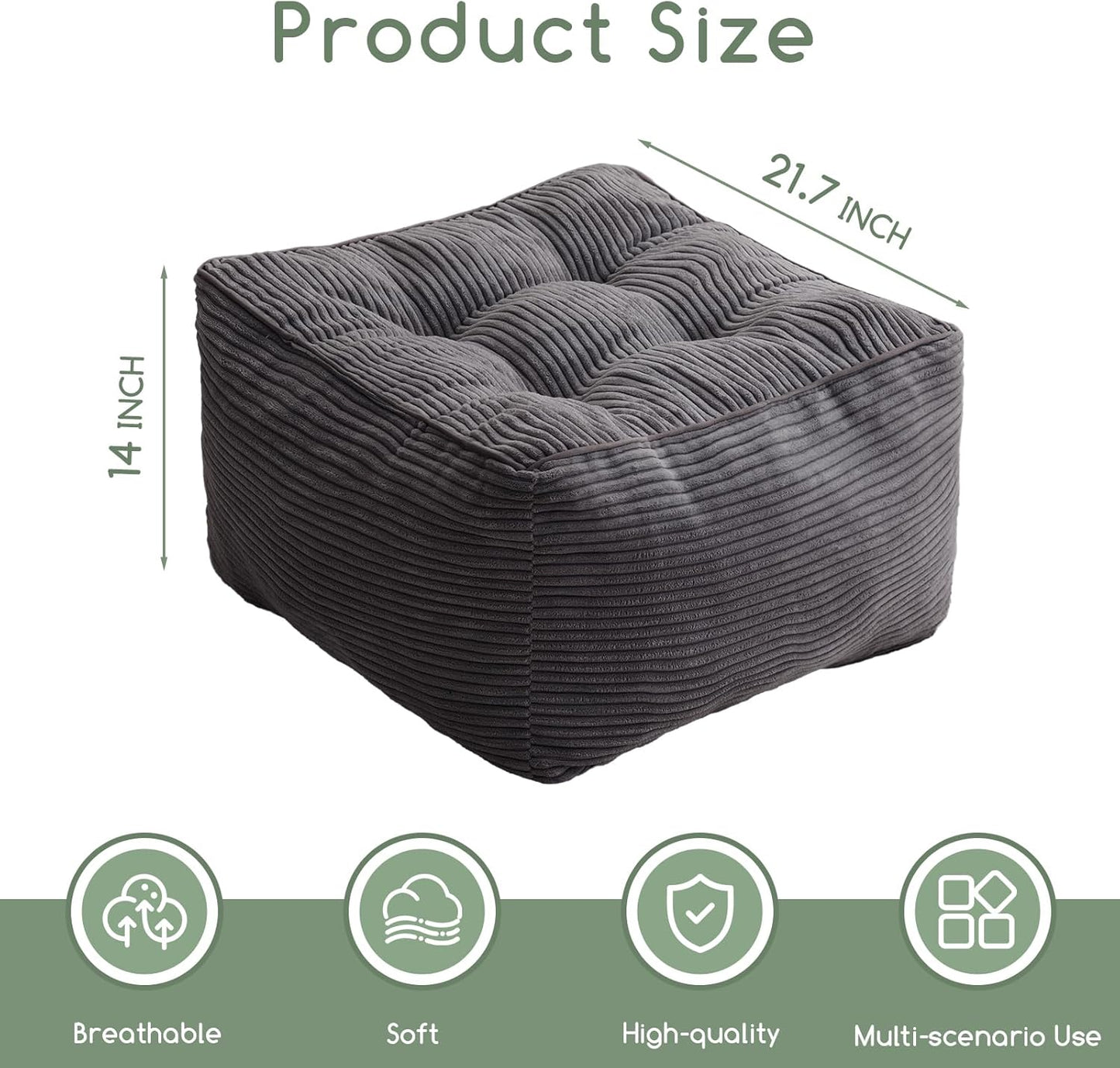 HIGOGOGO Square Stuffed Pouf Ottoman, Corduroy Poufs with Foam Chunk Filling, Furry and Fluffy Pouf