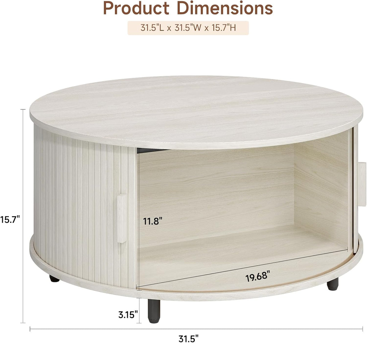 Round Coffee Table with Storage, 31.5" Modern Coffee Table with 360° Curved Sliding Door, Fluted