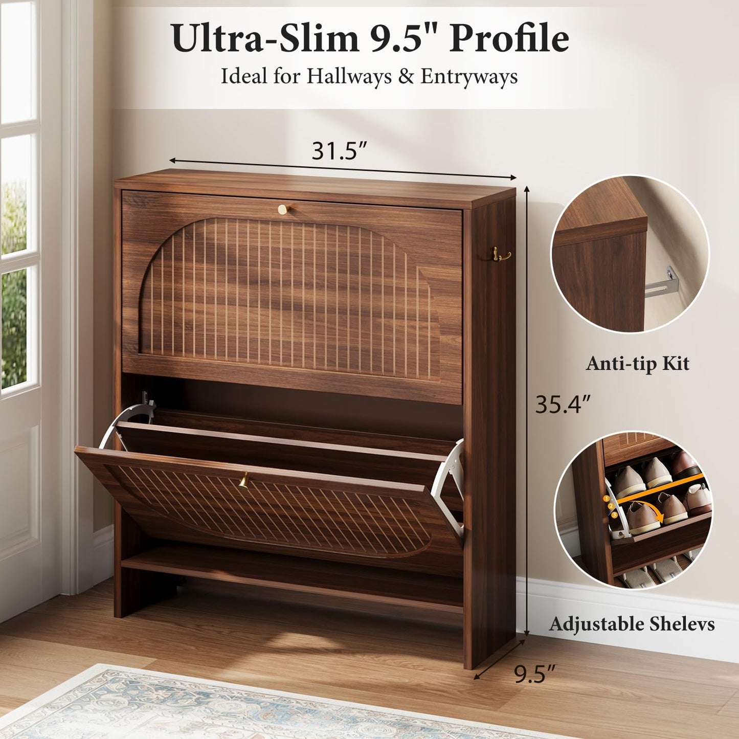 Nicetree Arch-Chic Shoe Cabinet for Entryway, Modern Mid-Century Shoe Storage Cabinet with Fluted