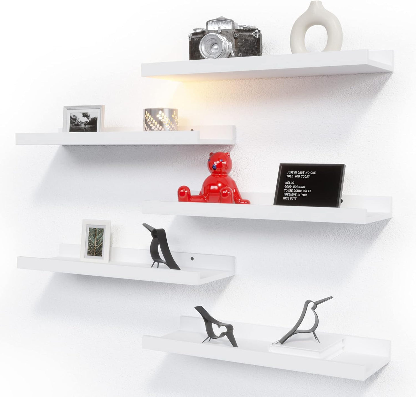 RICHER HOUSE 5 Set White Floating Shelves, Wall Mounted Shelves for Wall Decor, Modern Picture
