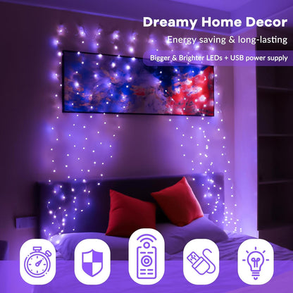 HXWEIYE 300LED Purple Fairy Curtain Hanging Lights with Remote 8 Modes Timer for Bedroom, 9.8x9.8Ft