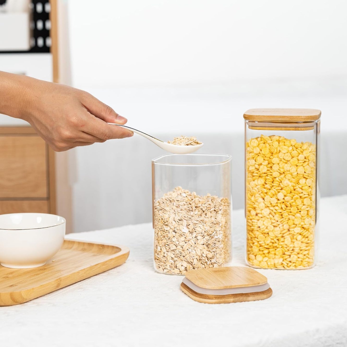 41oz Airtight Glass Square Storage Canister with Bamboo Lid Set of 4 (1200ml) Container Stackable
