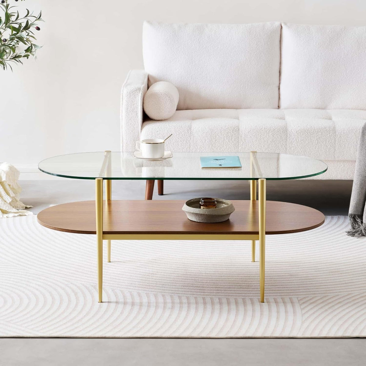 Oval Glass Coffee Table, Mid-Century Modern Design, L41 x W21 x H17 inch, for Living Room, 2-Tier
