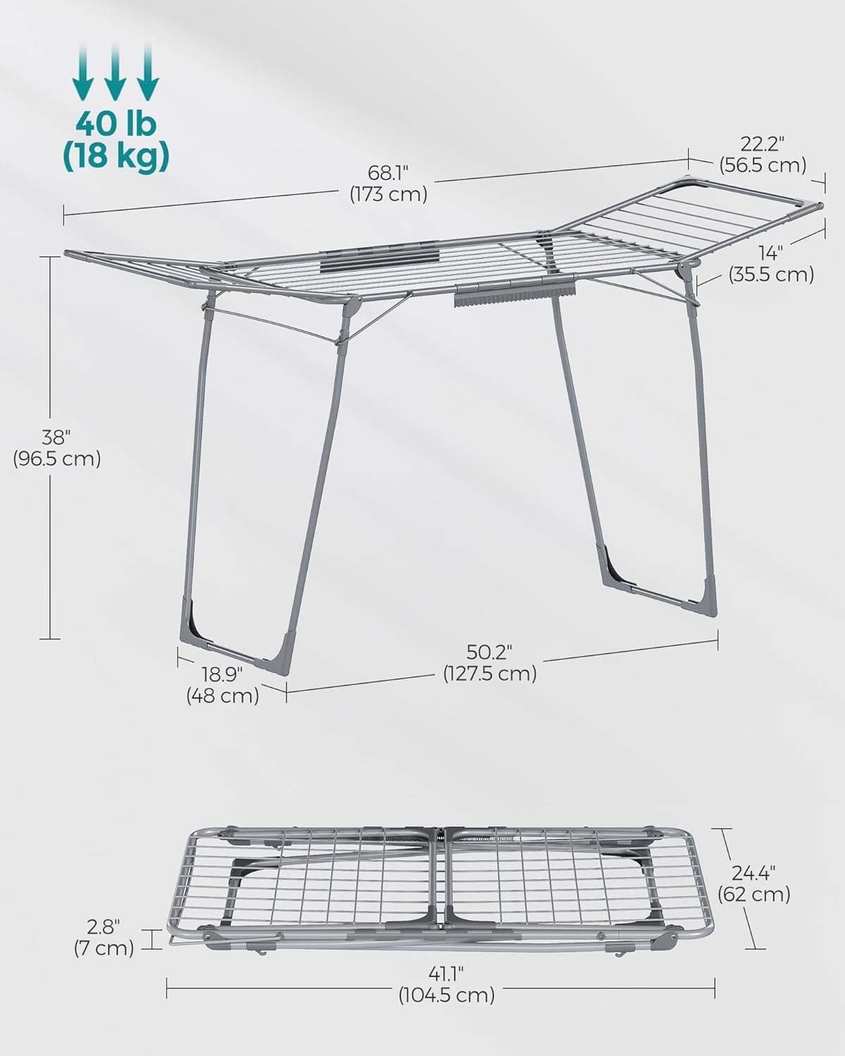 SONGMICS Clothes Drying Rack Foldable, Gullwing Laundry Drying Rack, Space-Saving, 22.2 x 68.1 x 38