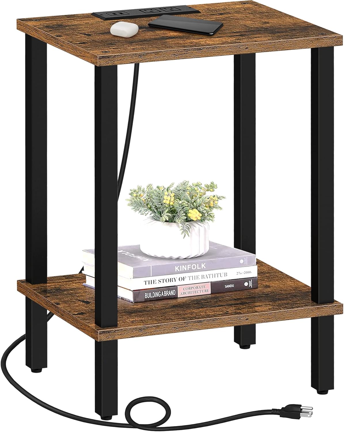 TUTOTAK End Table with Charging Station, Side Table with USB Ports and Outlets, Nightstand, 2-Tier
