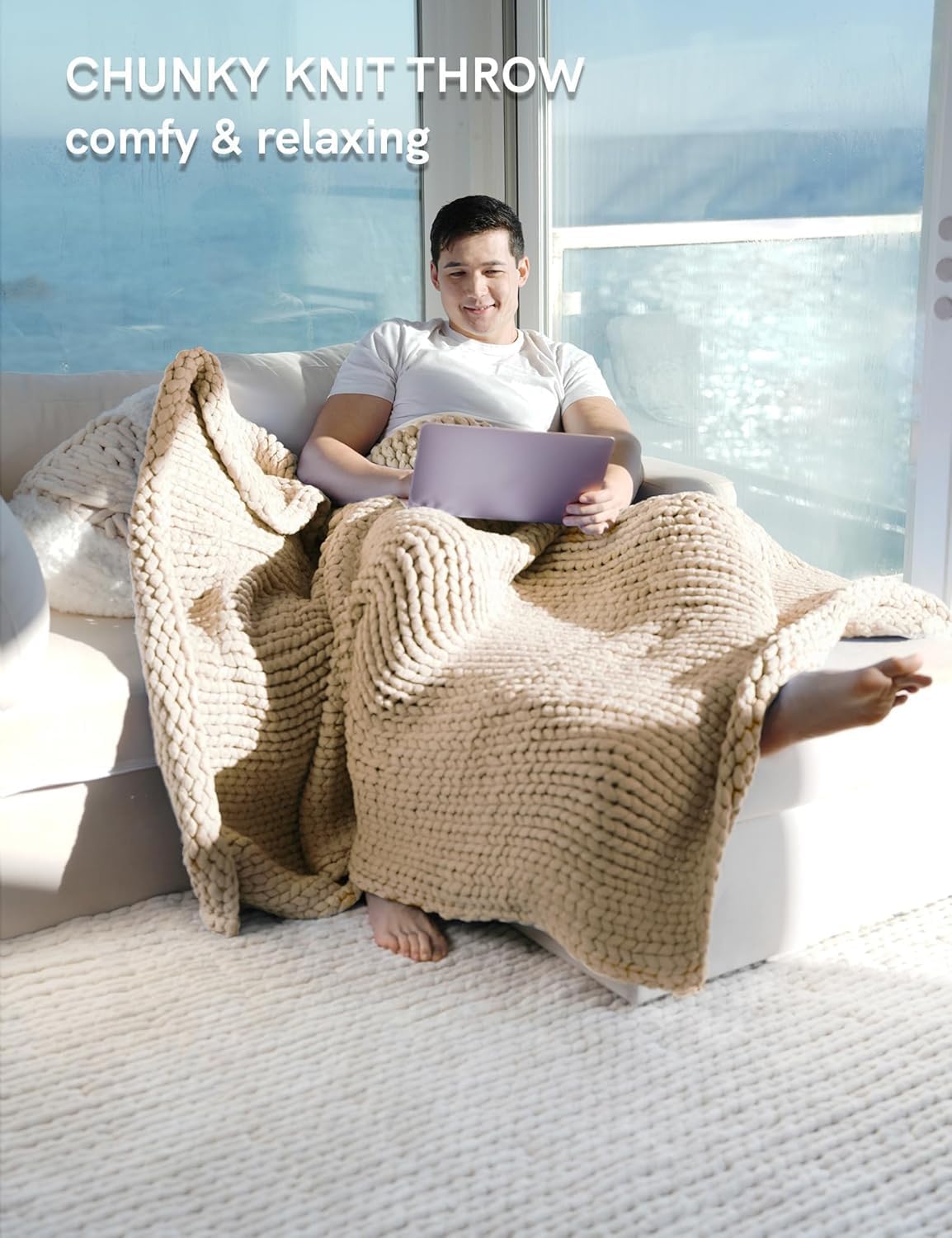YnM Chunky Throw Blanket, Medium-Weight, Hand Knitted, Skin Friendly, Ventilated and Breathable