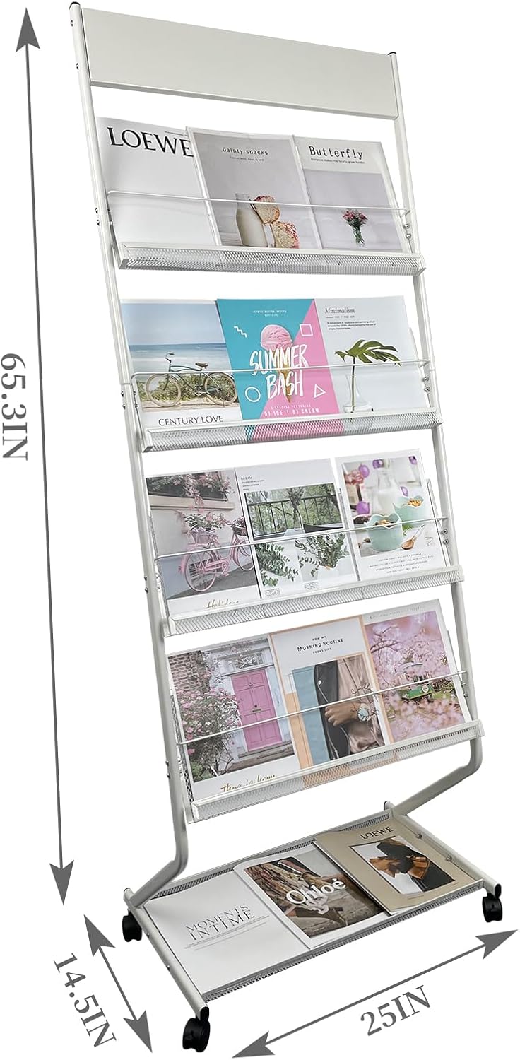tongmo Floor-Standing Magazine Rack 4-Layer with Wheels, Brochure Display Stand, High-hardness