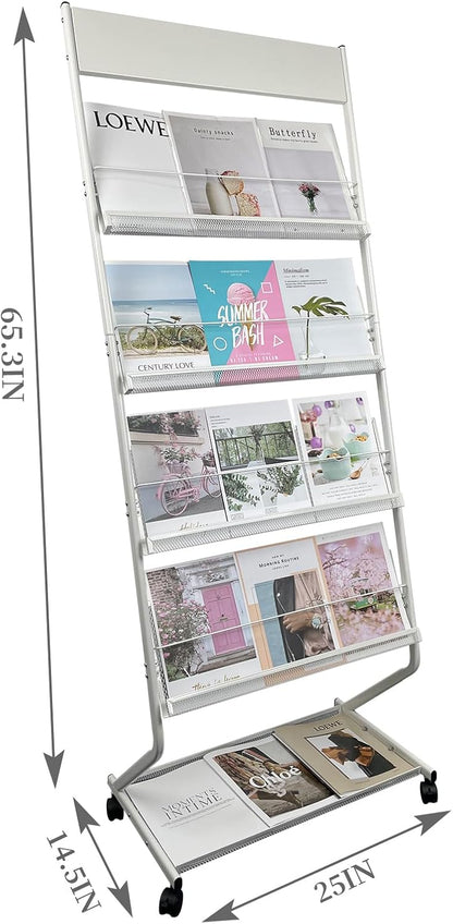tongmo Floor-Standing Magazine Rack 4-Layer with Wheels, Brochure Display Stand, High-hardness