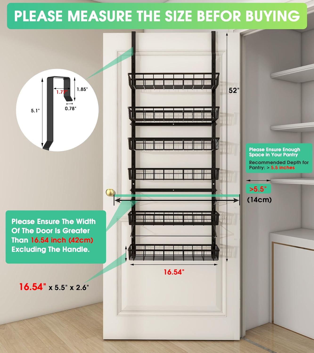 Over The Door Pantry Organizer, Pantry Storage and Organization, 6-Tier Adjustable Hanging Baskets