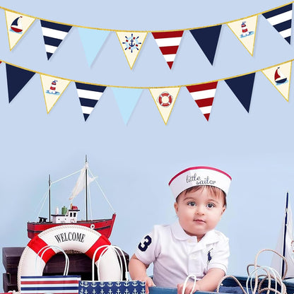Navy Red Beige Gold Glitter Stamping Paper Pennant Banner Flag Triangle Bunting for Nautical Pirate