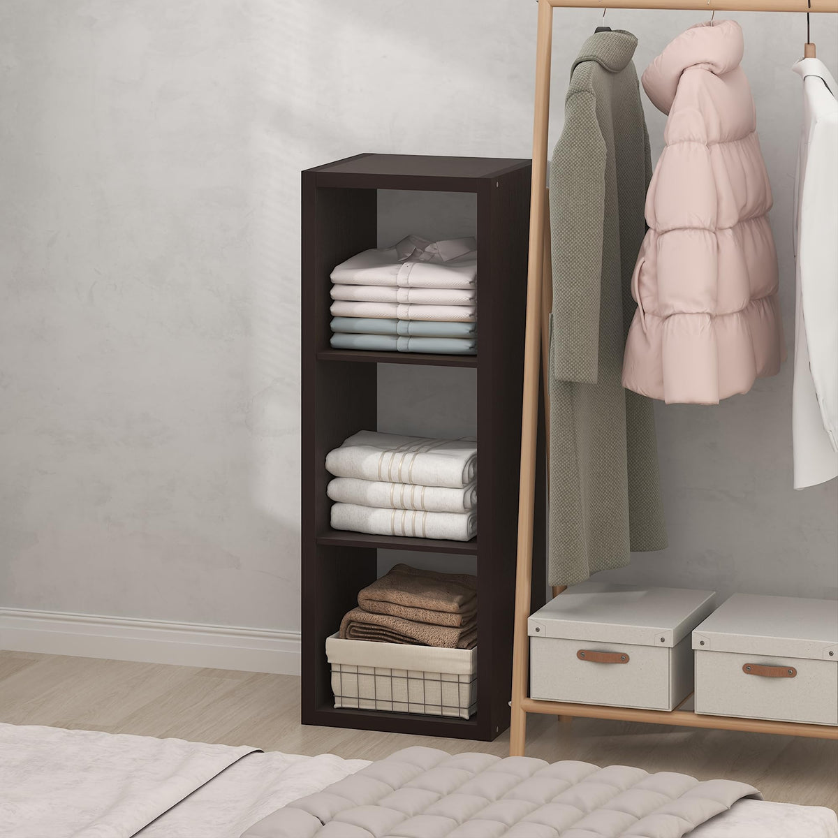 Furinno Cubic Extra Thick 3-Cube Closet Organizers and Storage, Dark Oak