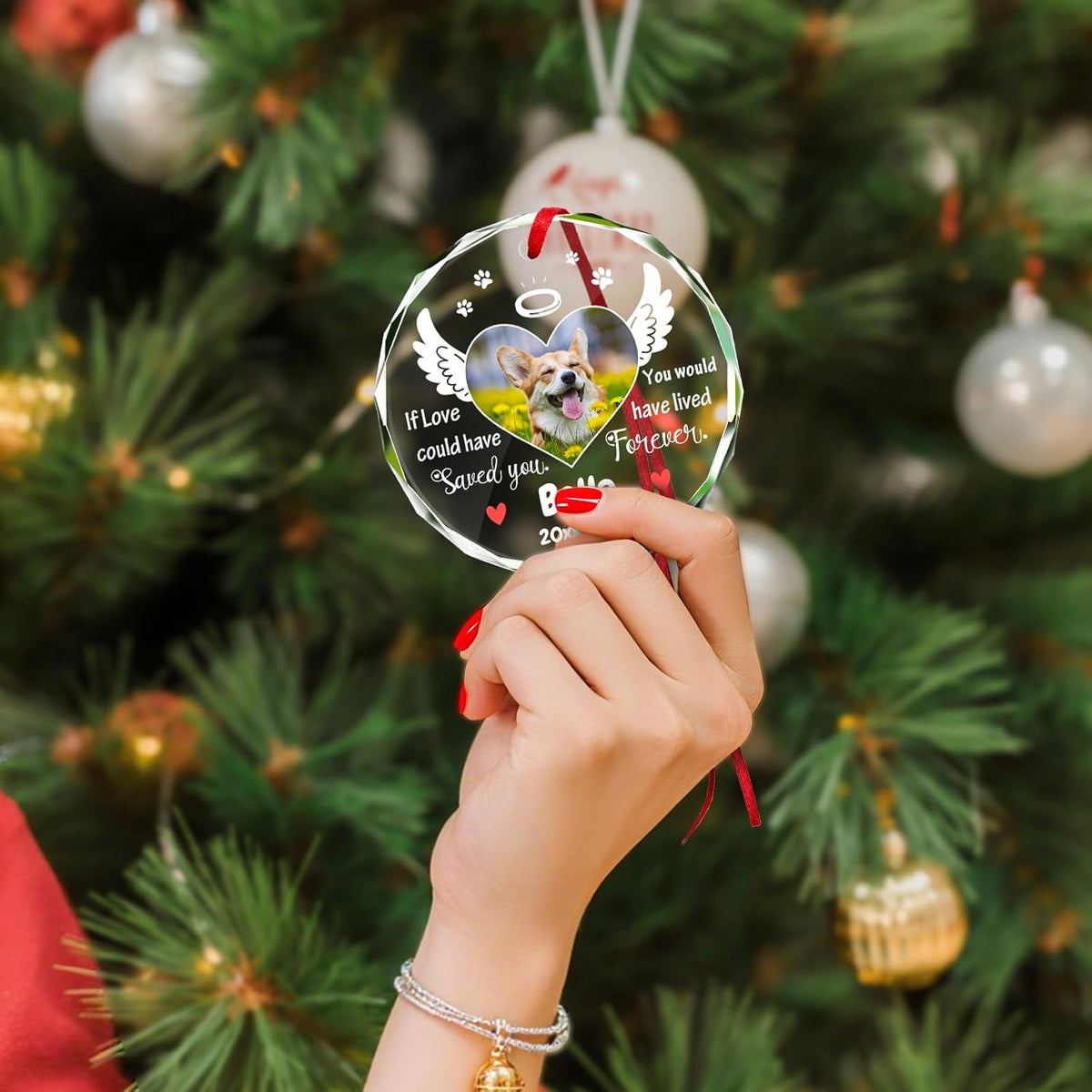 Personalized Memorial Pet Glass Ornament - Custom Picture Christmas Ornaments, Dog Forever in Our