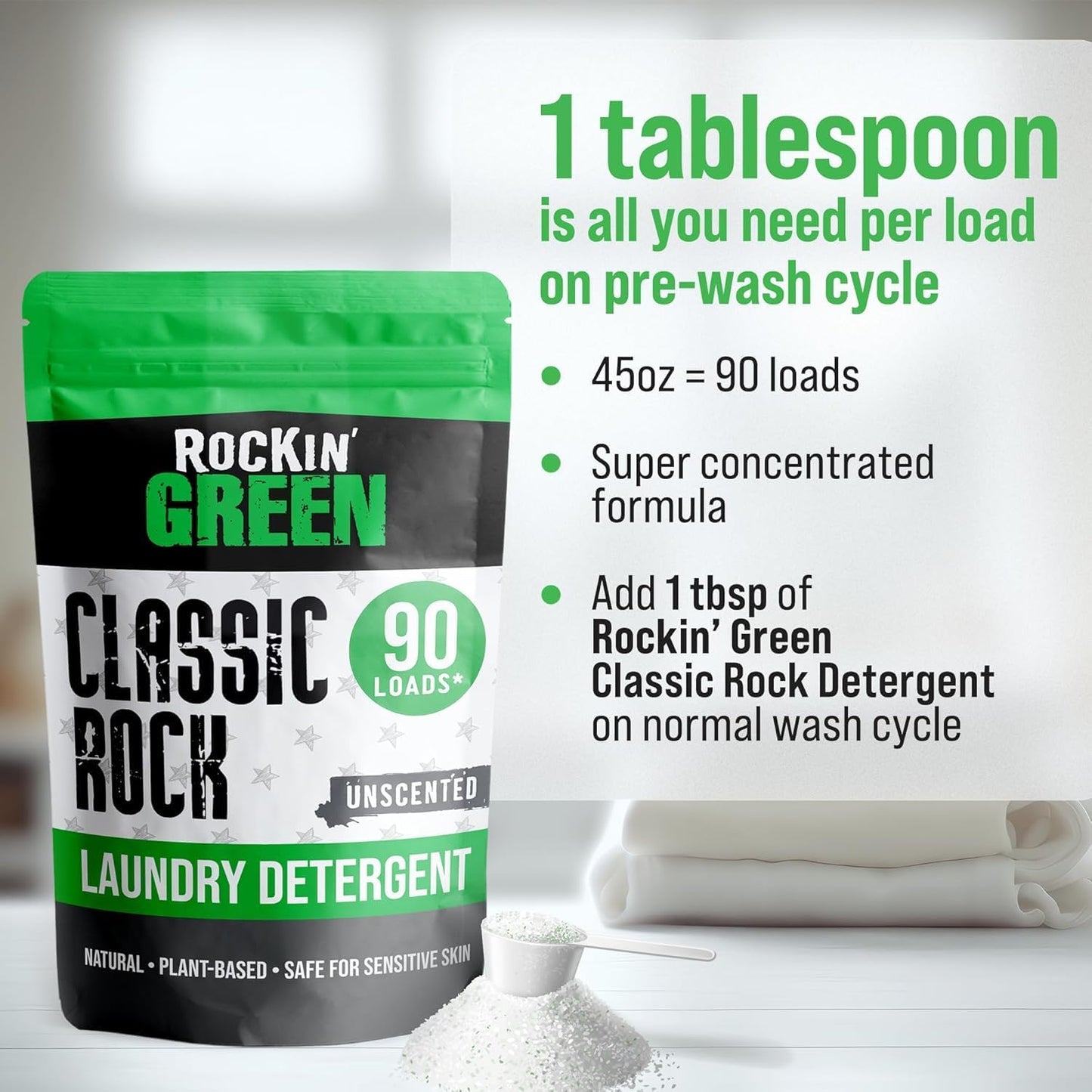 Rockin' Green Classic Rock Laundry Detergent Powder (90 Loads) - All Natural Laundry Detergent