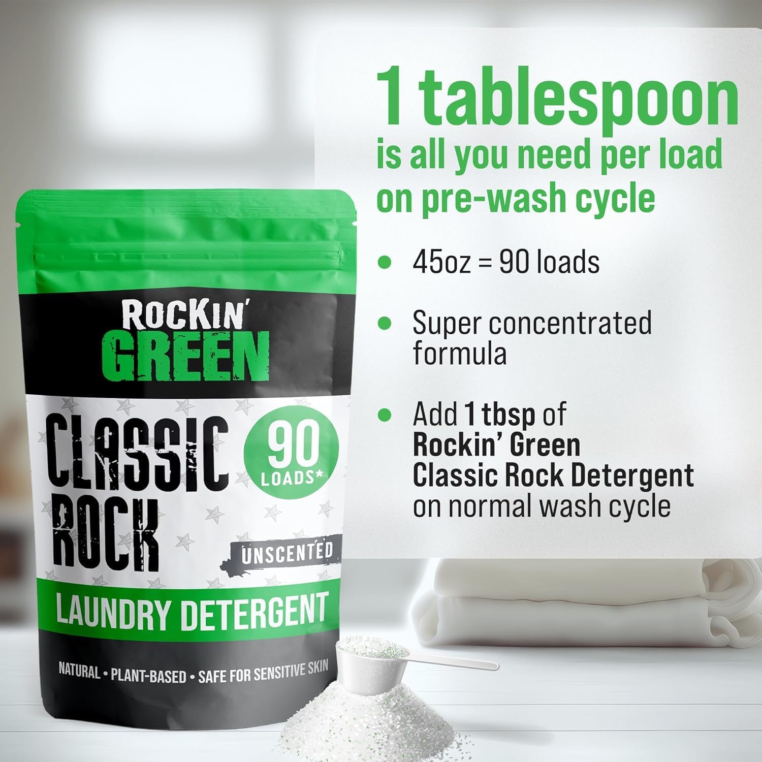 Rockin' Green Classic Rock Laundry Detergent Powder (90 Loads) - All Natural Laundry Detergent