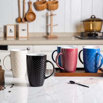 AmorArc Extra Large Coffee Mugs Set of 6, 20oz Ceramic Tall Coffee Mugs Set with Textured Geometric