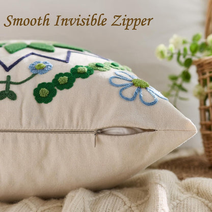 Embroidered Throw Pillow Cover 18x18 Classic Boho Floral Pattern Pillows Cover Outdoor Decorative
