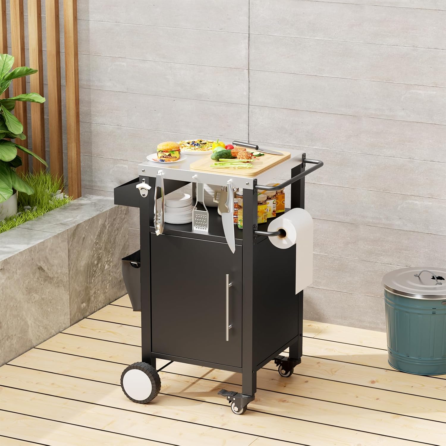 KEIKI Outdoor Grill Cart with Storage and Wheels, Rolling BBQ Prep Table with Spice Rack, Hooks
