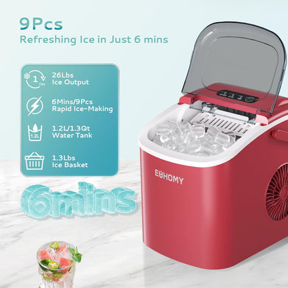 EUHOMY Countertop Ice Maker Machine with Handle, 26lbs Per Day, 9 Ice Cubes Ready in 6 Mins