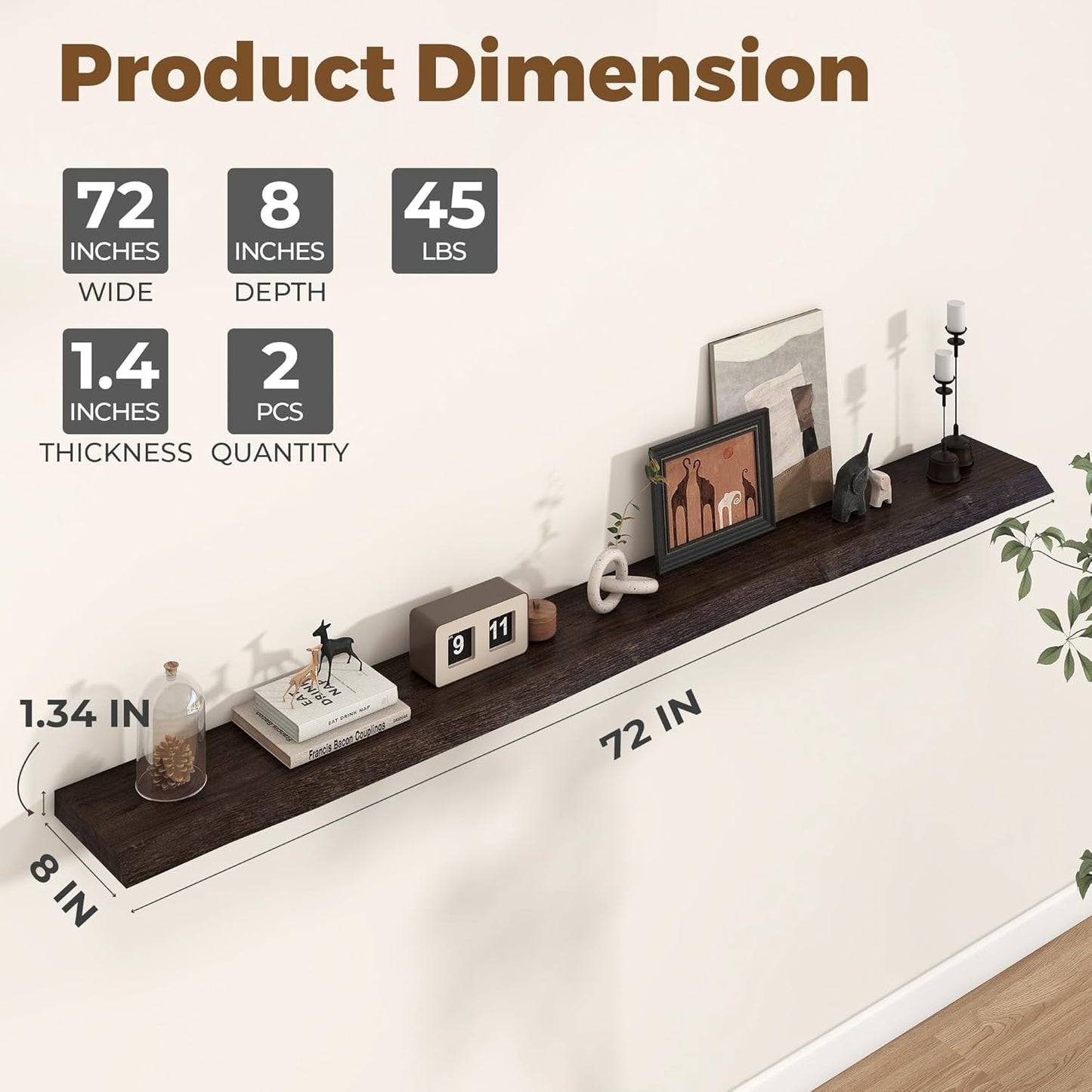 Axeman 72 inch Extra Long Floating Shelves for Wall - 8'' D Live Edge Rustic Solid Elm Wood