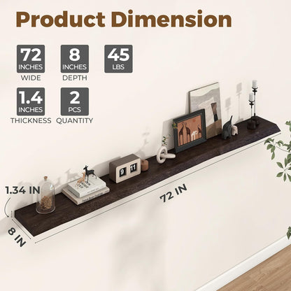 Axeman 72 inch Extra Long Floating Shelves for Wall - 8'' D Live Edge Rustic Solid Elm Wood