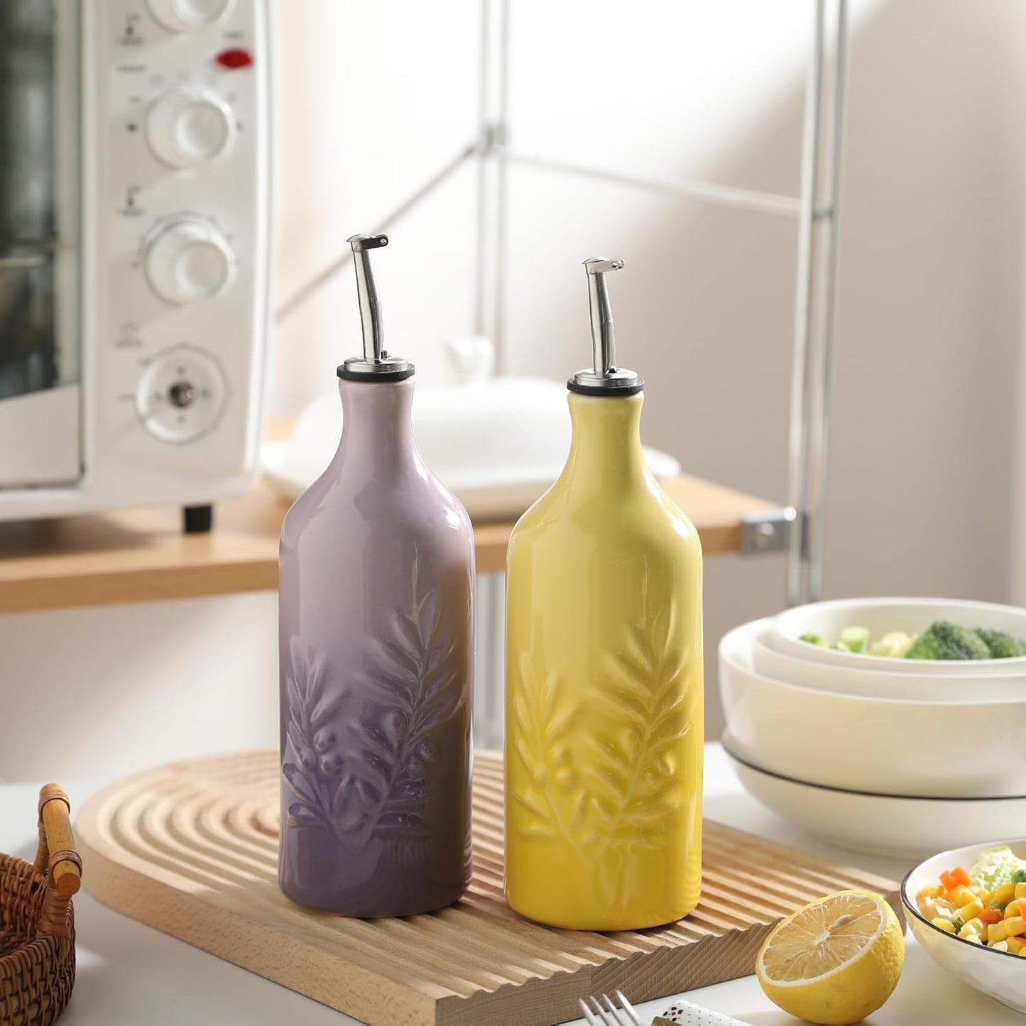 Sweejar Ceramic Olive Oil Dispenser Bottle, 20 Oz Relief Opaque Oil Cruet Protects To Reduce