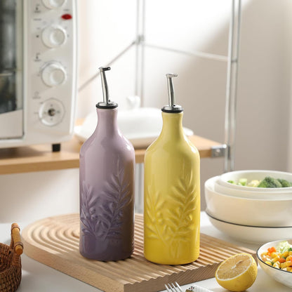 Sweejar Ceramic Olive Oil Dispenser Bottle, 20 Oz Relief Opaque Oil Cruet Protects To Reduce