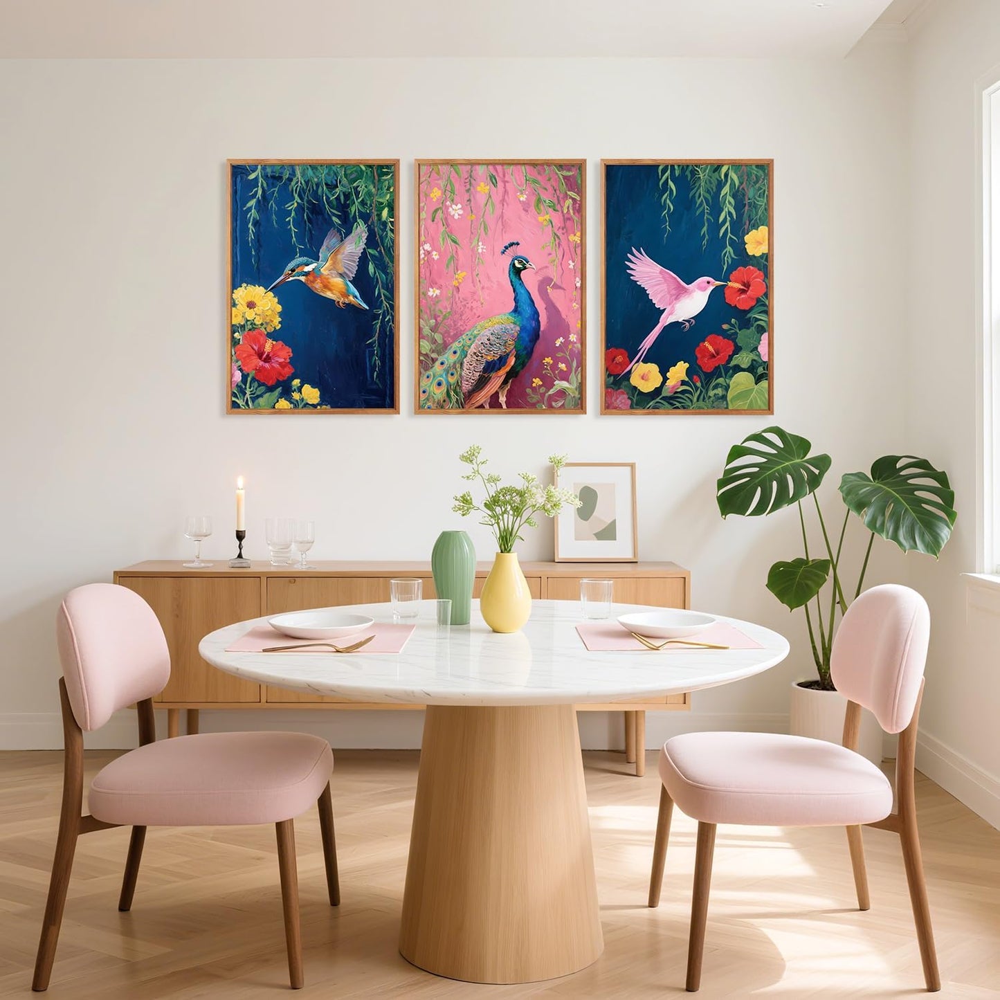 Aurlan Colorful Birds Flowers Framed Wall Art(16"x24"), 3PCS Large Classic Elegance Hummingbird