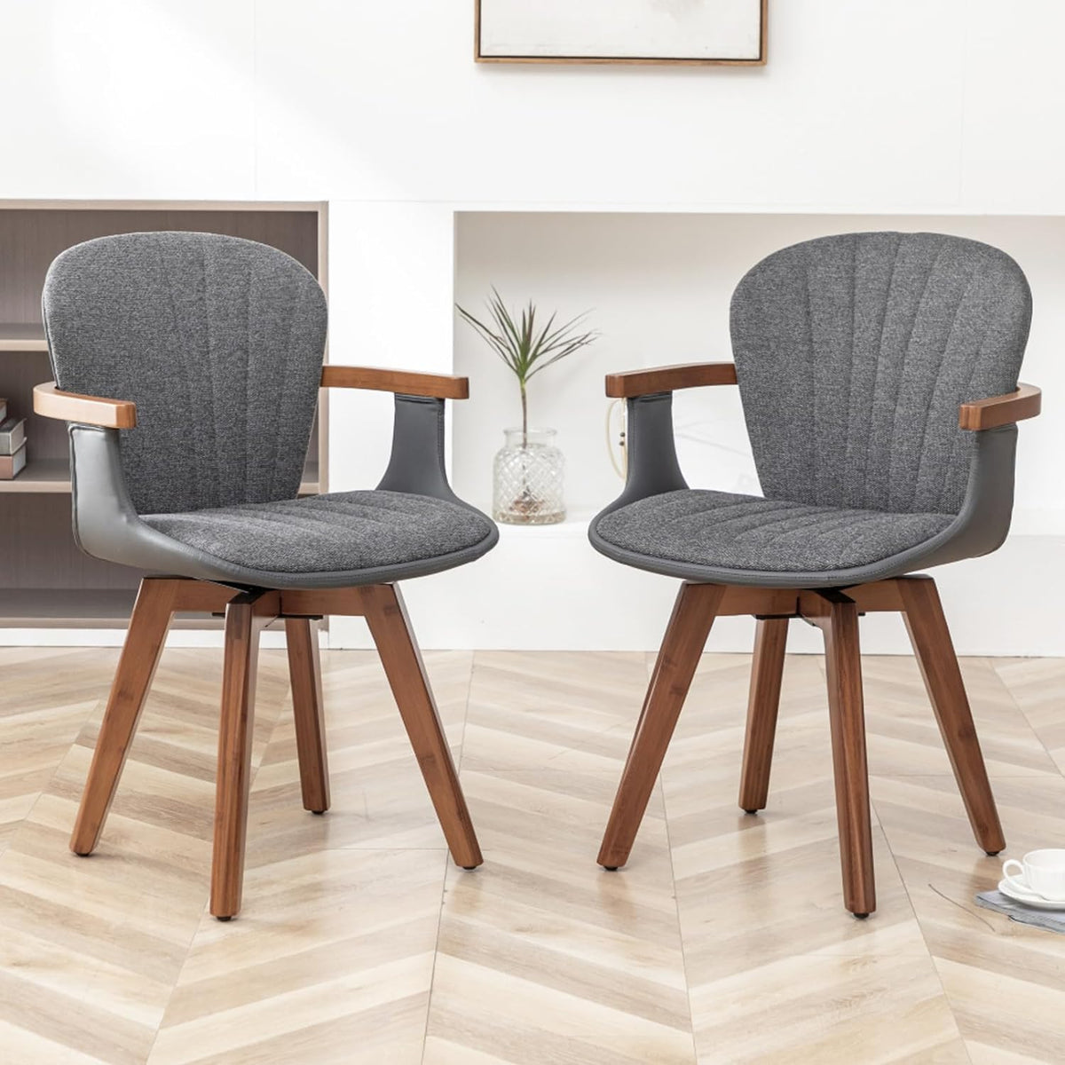 LUNLING Swivel Dining Chairs, Mid Century Modern Gray Fabric+Faux Leather Kitchen Chairs with