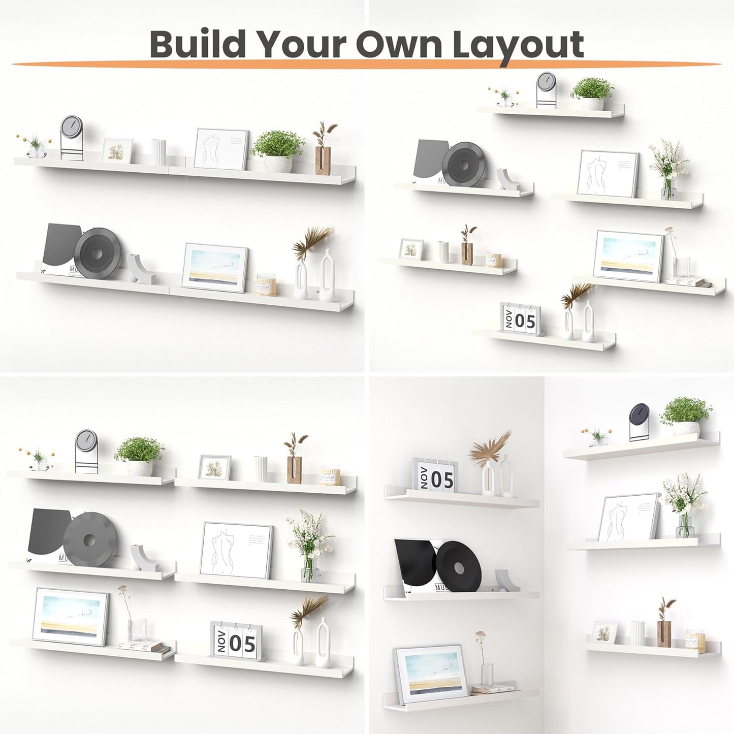 upsimples Floating Shelves for Wall, Wall Shelves for Decor Storage Set of 6, Wall Mounted Wood