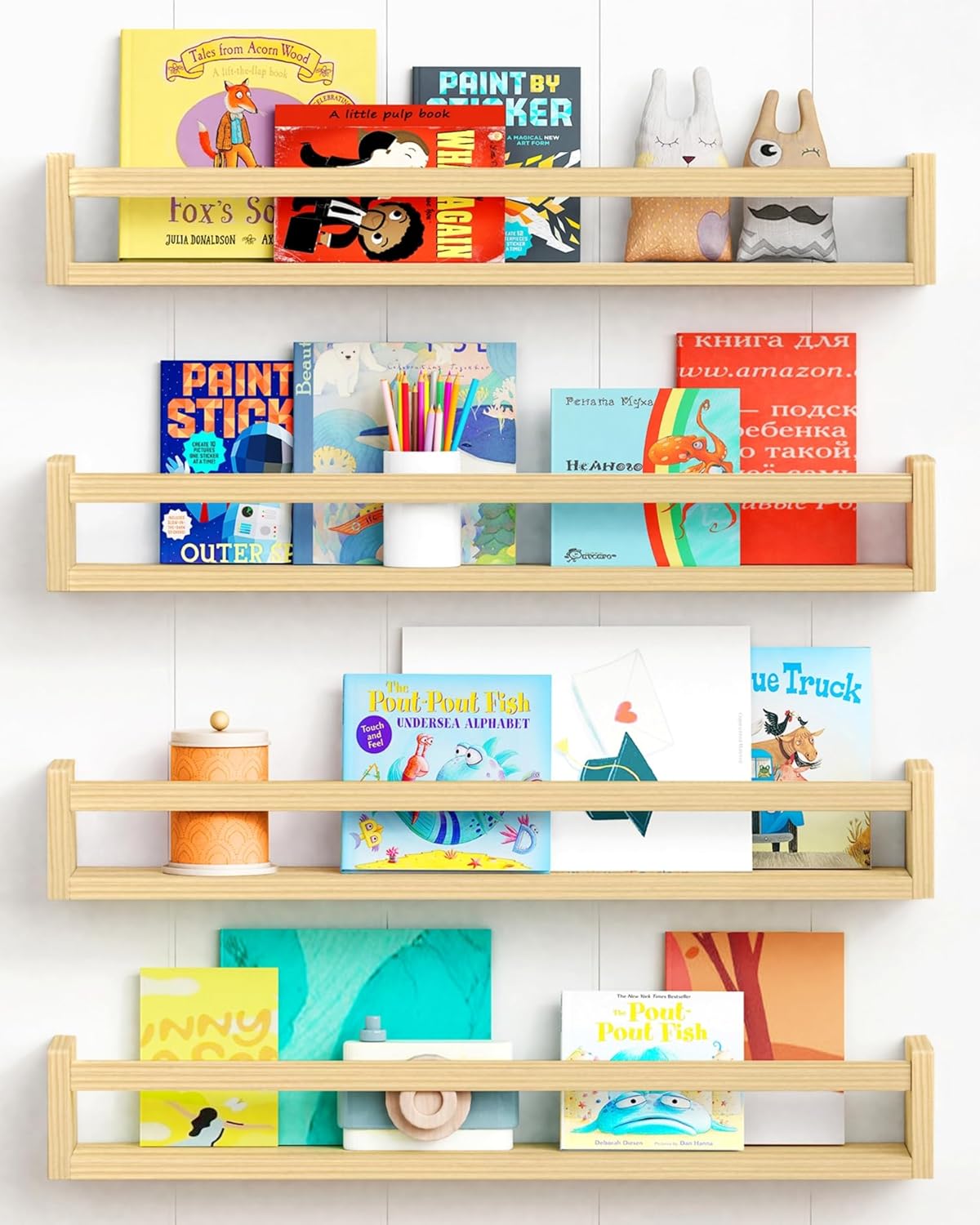 Forbena Natural Wood Nursery Bookshelves for Wall, 24 Inches Long Floating Book Shelves, Wall