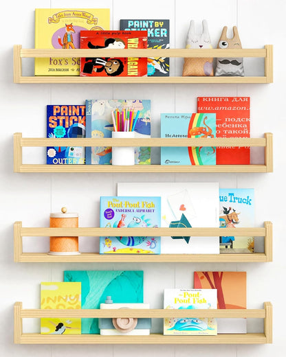 Forbena Natural Wood Nursery Bookshelves for Wall, 24 Inches Long Floating Book Shelves, Wall