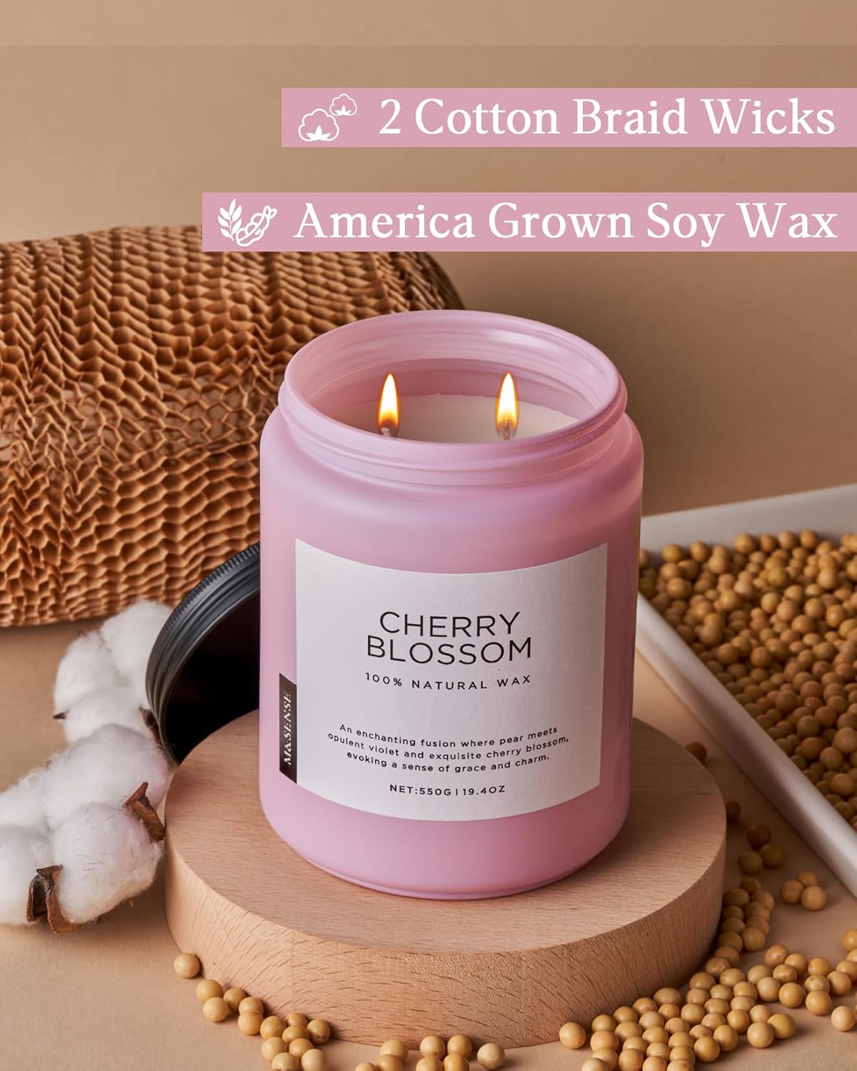 M&SENSE Cherry Blossom Scented Spring Candle, 19.4oz 110 Hours Long Lasting Natural Soy Wax Stress