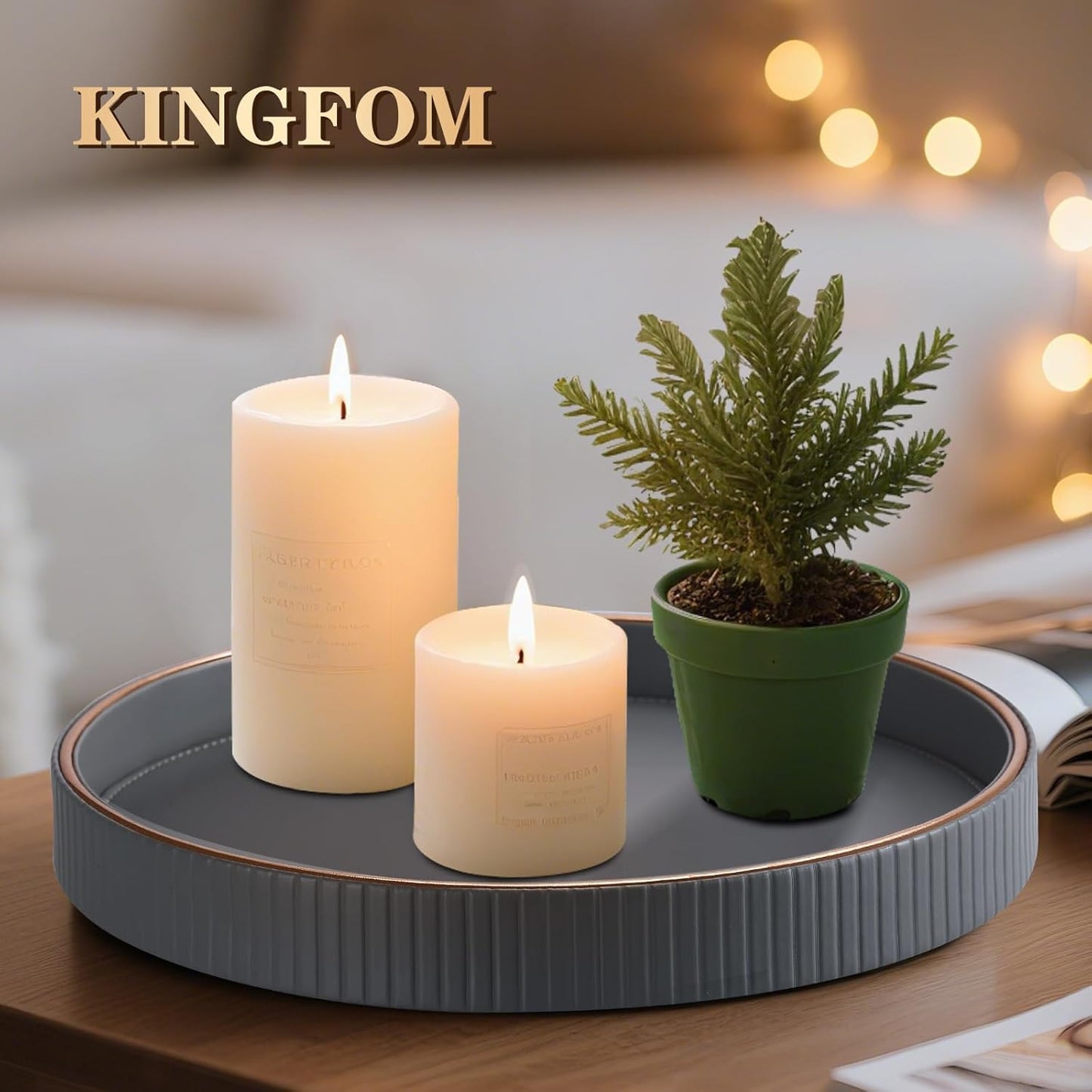 KINGFOM Decorative Serving Tray, PU Leather Valet Nightstand Desk Organizer for Men Women, Round