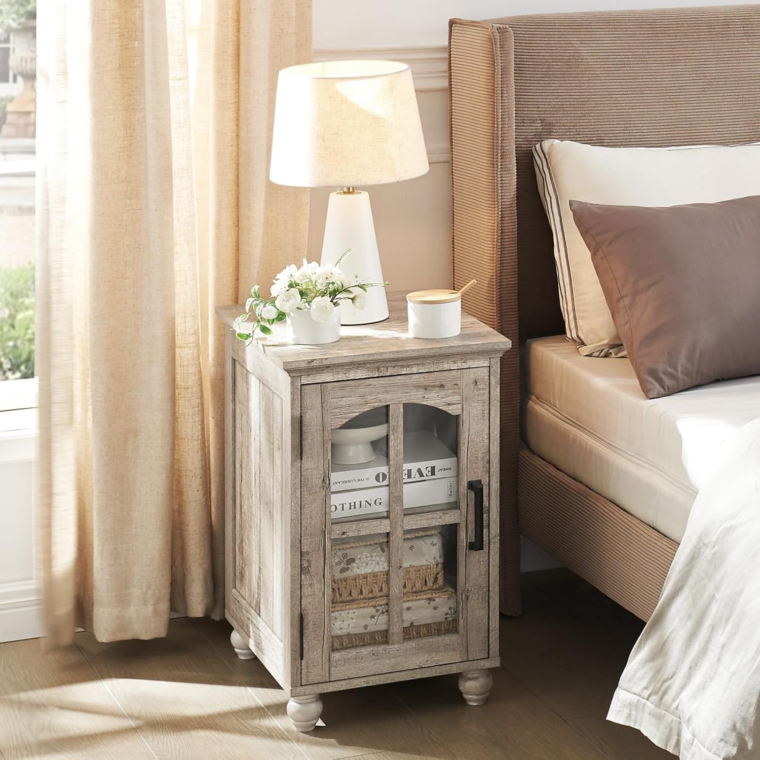 Narrow Side Table,Farmhouse Nightstand with Charging Station,Wood End Table with Glass Barn Door