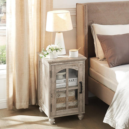 Narrow Side Table,Farmhouse Nightstand with Charging Station,Wood End Table with Glass Barn Door