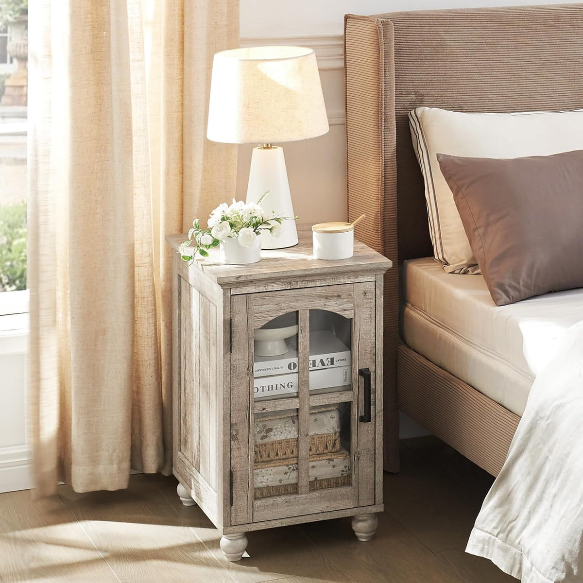 Narrow Side Table Set of 2,Farmhouse Nightstand with Charging Station,End Table with Glass Barn