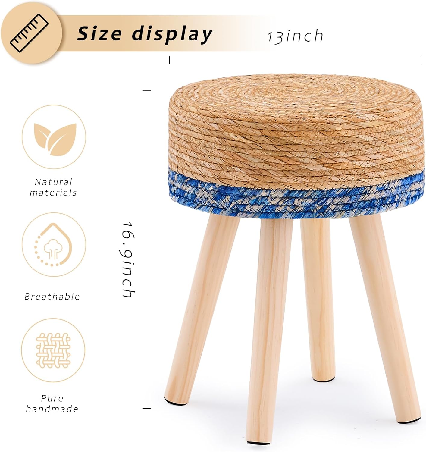 Handwoven Outdoor Ottoman, Water Hyacinth Pouf Round Patio Footstool with Wood Legs, 17-Inch