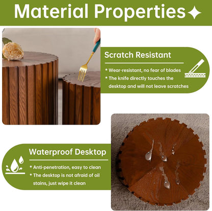 Round Nesting Coffee Table, Drum Wood Coffee Table Set of 2 Brown, Modern Fluted Nesting Tables