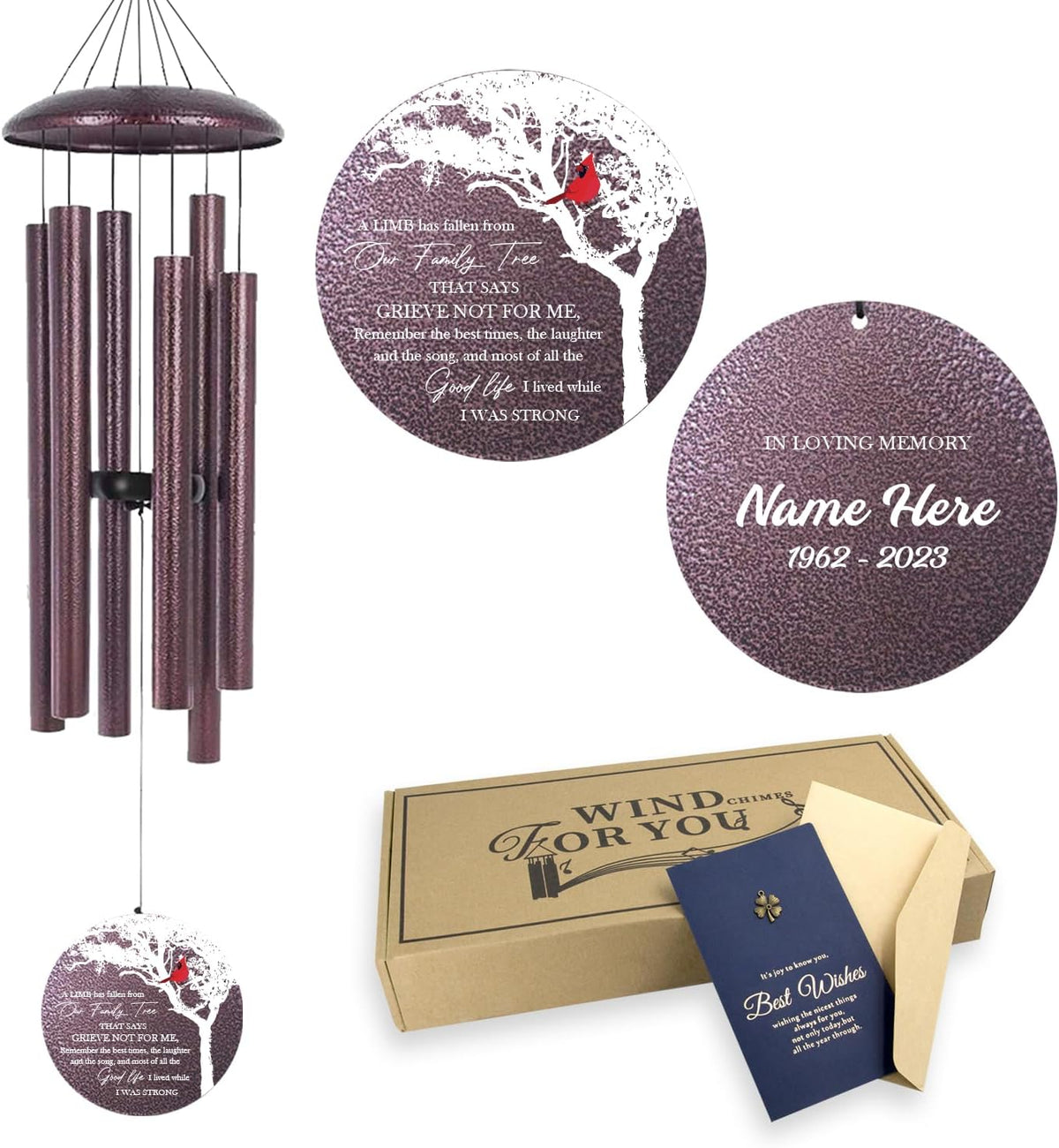 ASTARIN 36" Large Deep Tone Personalized Name Sympathy Wind Chimes, Cardinal Memorial Wind Chime