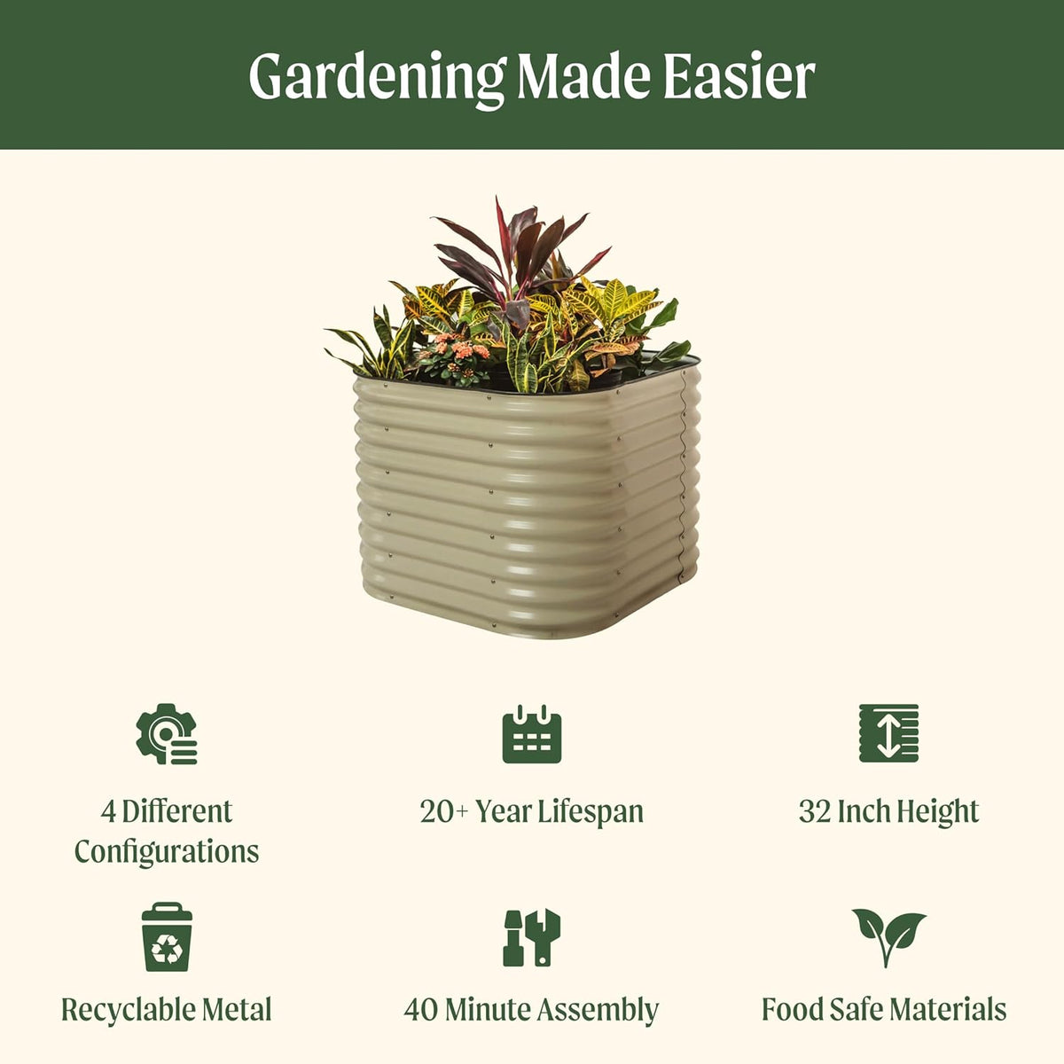 Vego garden 32" Extra Tall Raised Garden Bed Kits, 4 in 1 Modular Raised Planter Box for Vegetables